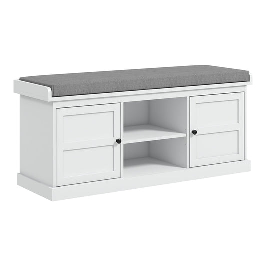 HOMCOM Multi-Compartment Shoe Storage Bench with a grey upholstered top and white cabinet doors
