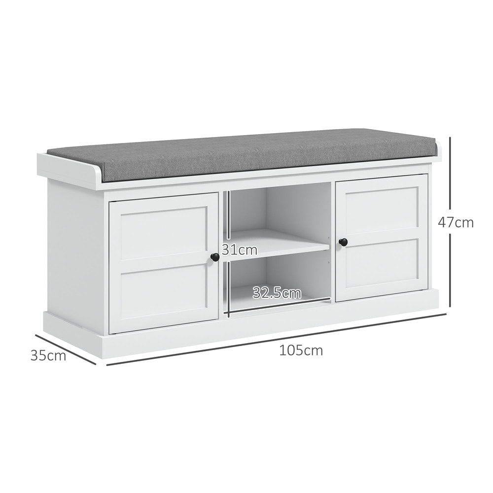 White shoe storage bench with grey cushion and dimensions shown