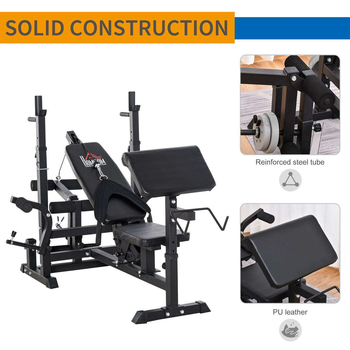 This weight bench has solid construction with reinforced steel tube and PU leather