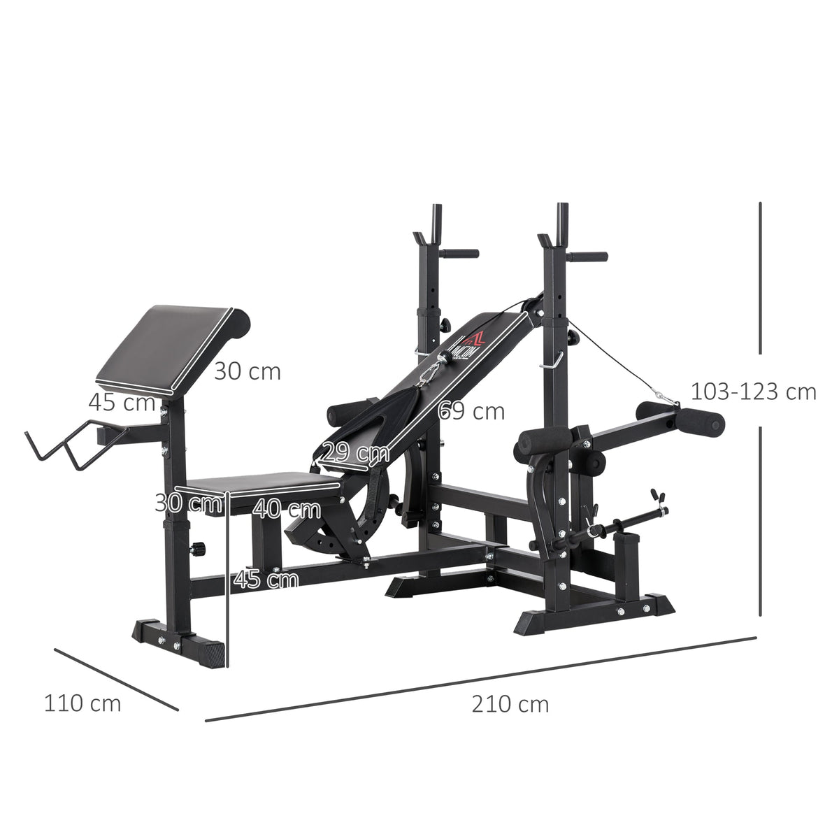 The weight bench with dimensions shown in cm