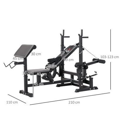 The weight bench with dimensions shown in cm