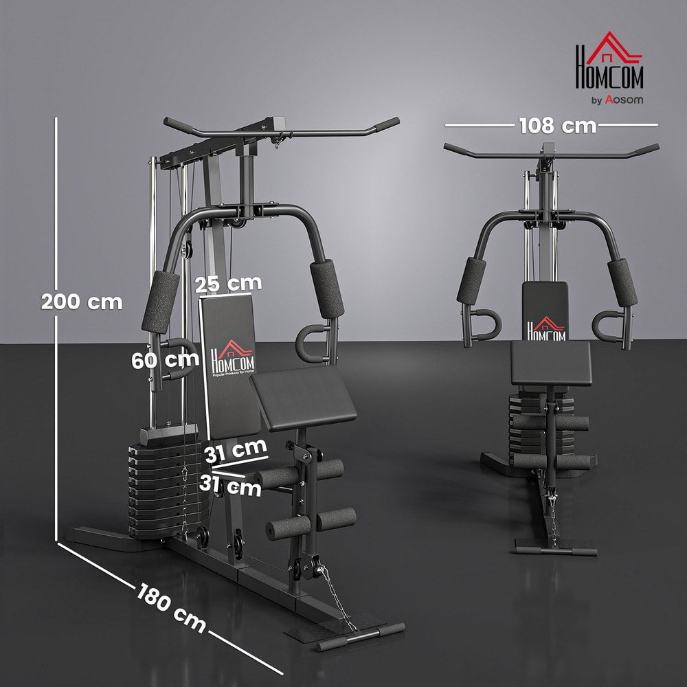 Dimensions diagram of the multi-exercise gym station showing height, width and depth