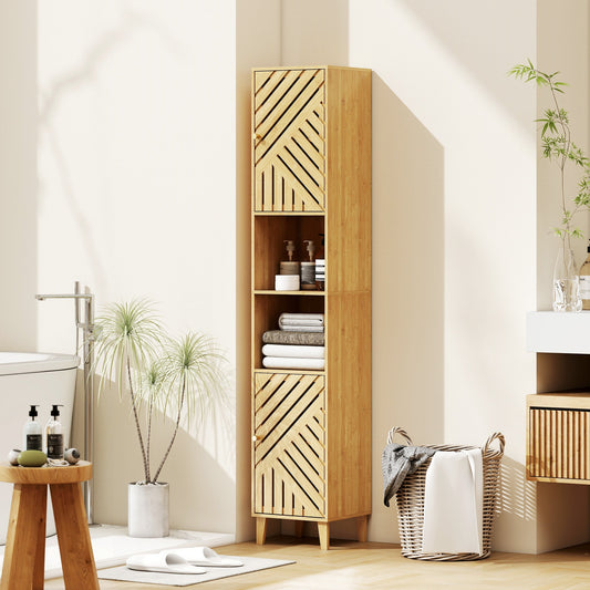The bathroom cabinet is shown in a bright bathroom setting with towels and toiletries