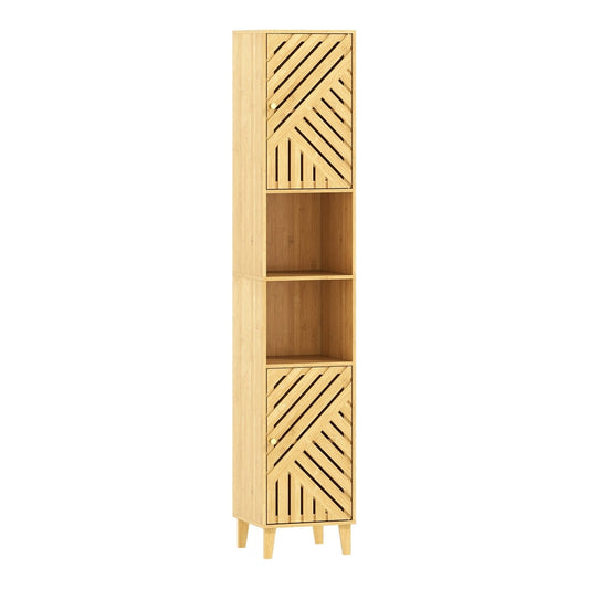 HOMCOM Multi-Storage Bamboo Door Bathroom Cabinet with slatted doors and open shelves