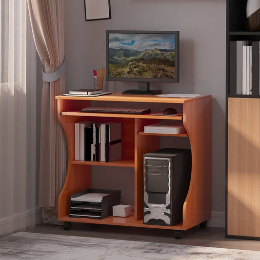 Compact office desk with a computer, monitor and keyboard set up in a room