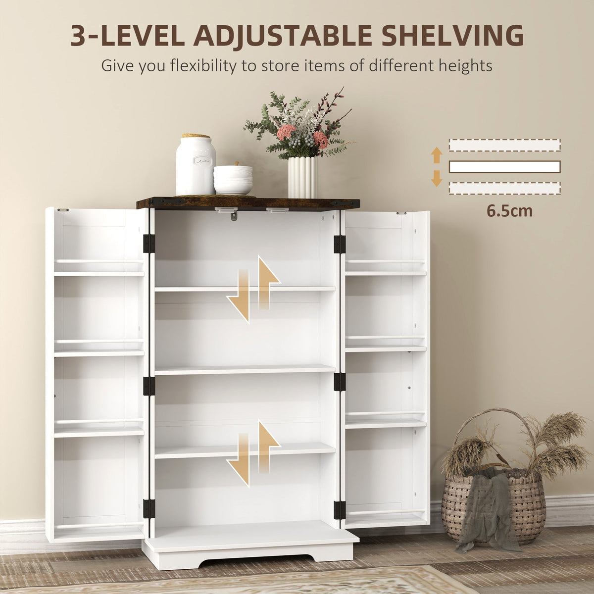 The white farmhouse style cabinet showing adjustable shelving with arrows indicating movement