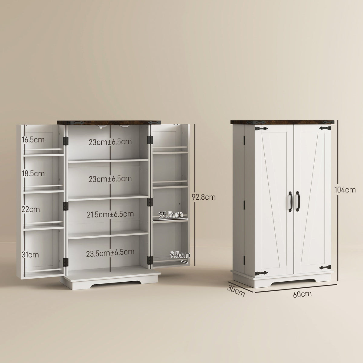 The white farmhouse style cabinet with dimensions shown for open and closed states