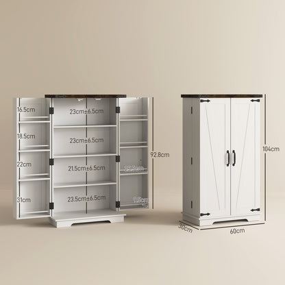 The white farmhouse style cabinet with dimensions shown for open and closed states