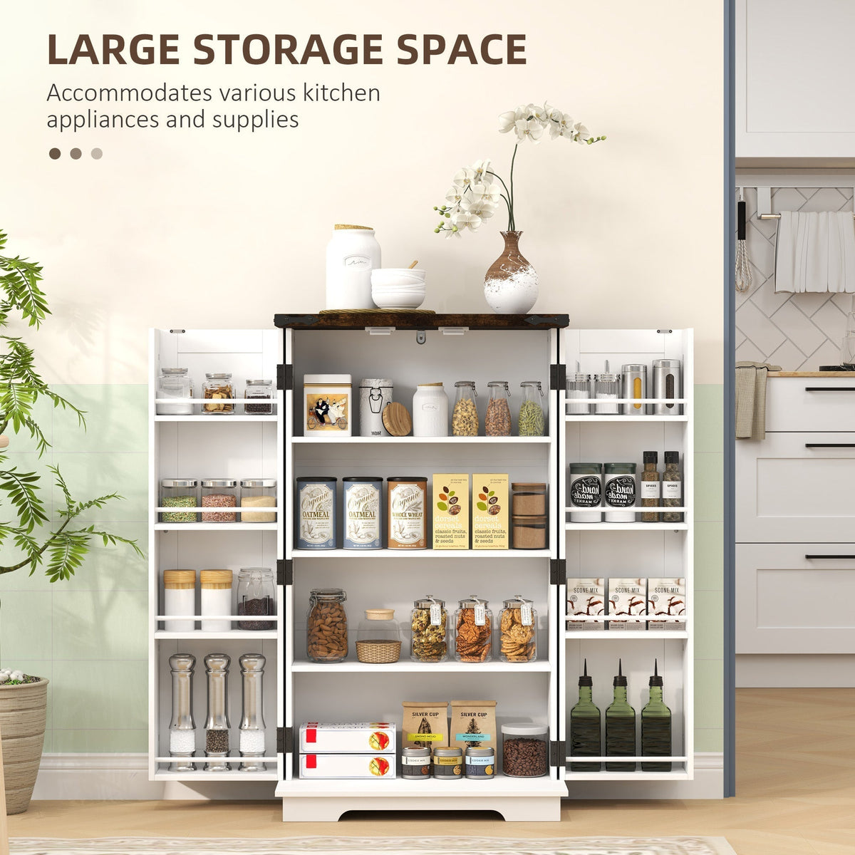 The kitchen furniture cabinet with doors open, displaying ample storage space