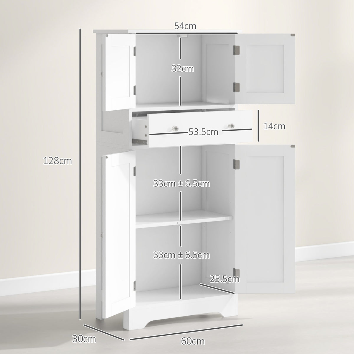 The white kitchen cabinet with dimensions shown for height, width and depth