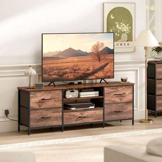 The industrial TV stand is shown in a living room with a television on top and various items on the shelves
