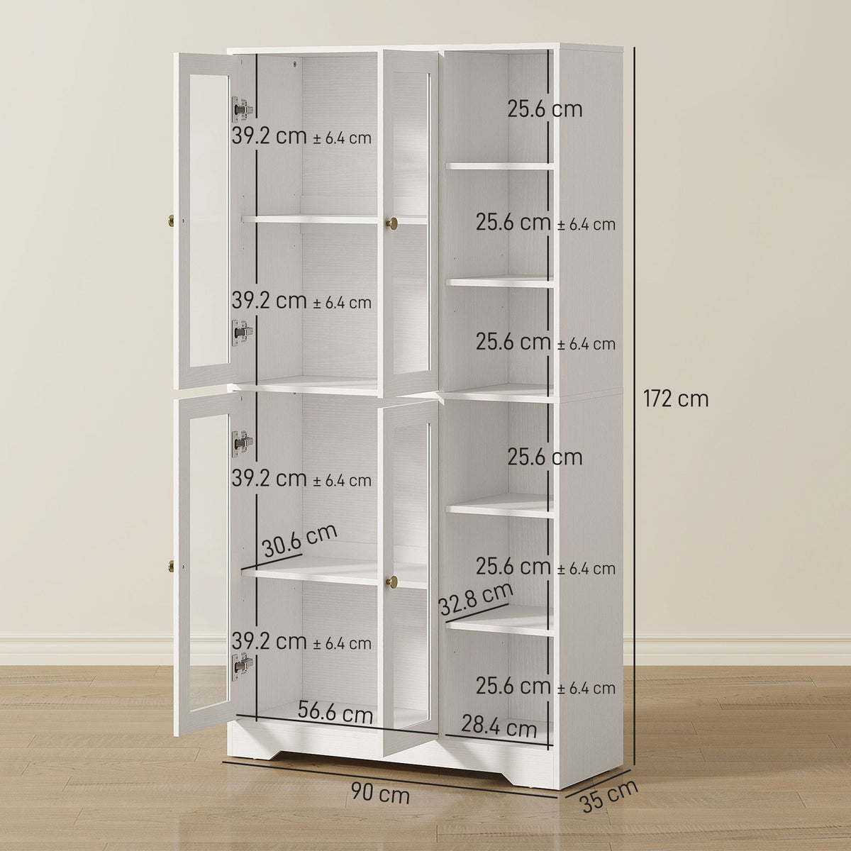 The kitchen cabinet with doors open showing various dimensions and measurements