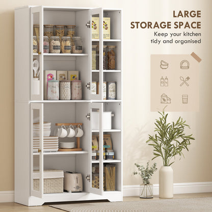 The kitchen furniture with doors open displaying organised food storage and kitchen items