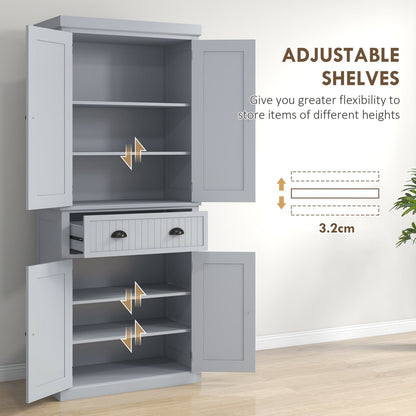 Adjustable shelves in the grey kitchen cabinet allowing for different item heights