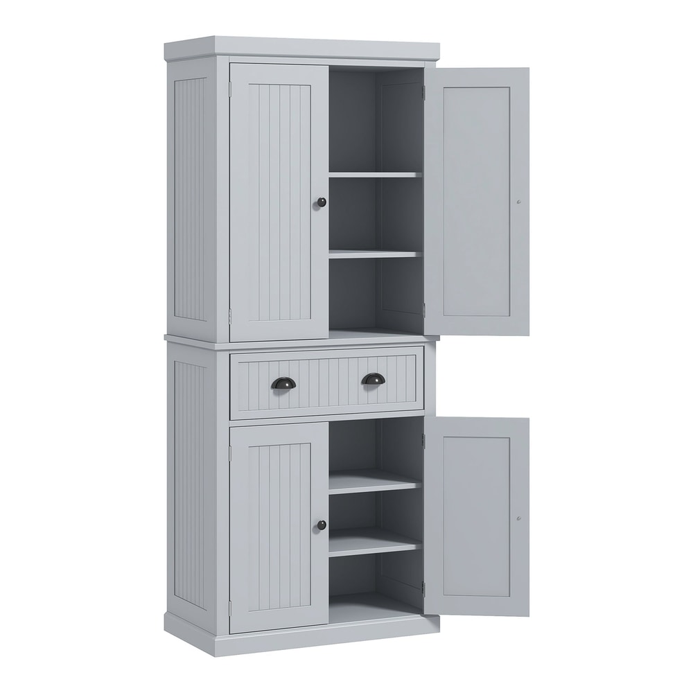 HOMCOM Multi-Storage Mid-Century Kitchen Cabinet in grey with two doors on top and two doors below, plus a drawer