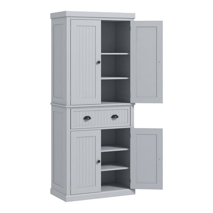 HOMCOM Multi-Storage Mid-Century Kitchen Cabinet in grey with two doors on top and two doors below, plus a drawer