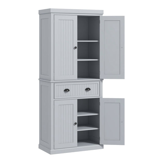HOMCOM Multi-Storage Mid-Century Kitchen Cabinet in grey with two doors on top and two doors below, plus a drawer