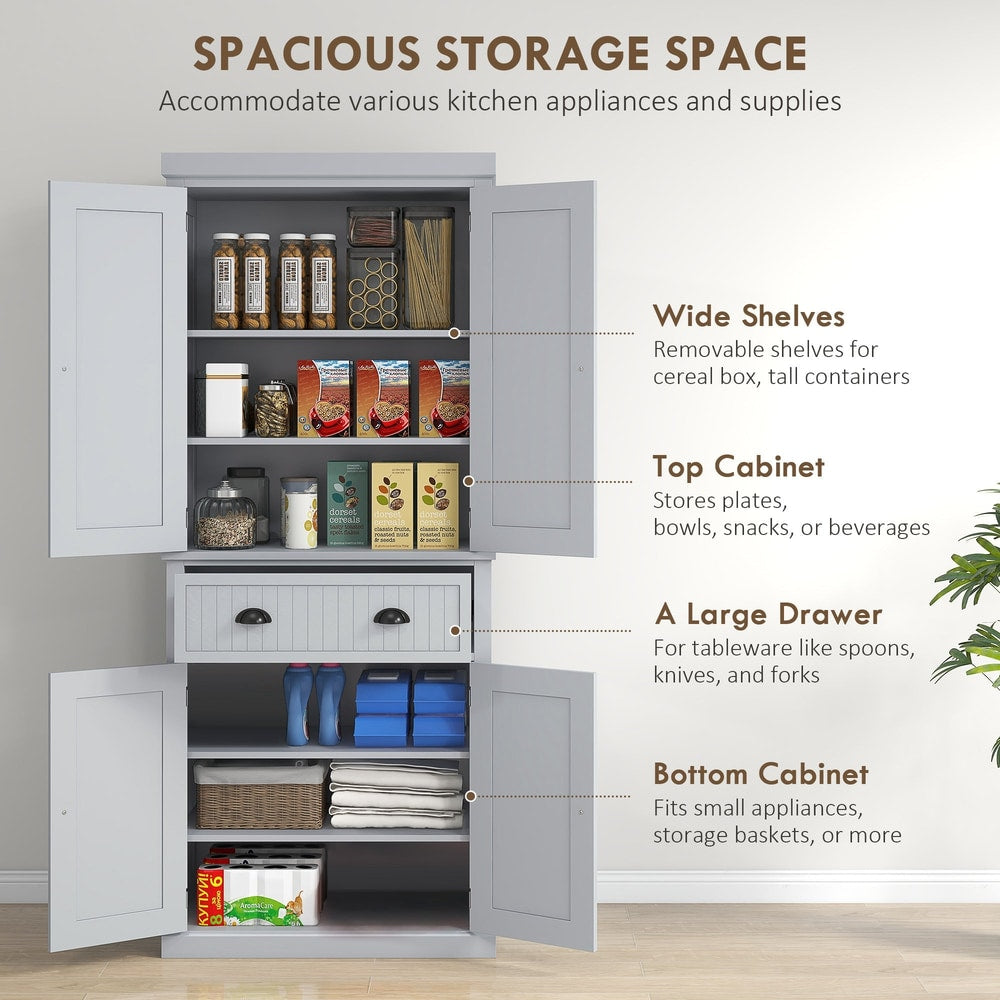 Spacious storage space description for the grey kitchen cabinet with wide shelves and a bottom cabinet