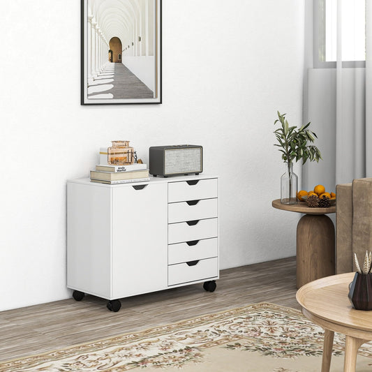 The mobile office storage cabinet in a room with books and a radio on top