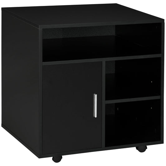 HOMCOM Multi-Storage Printer Stand Unit in black with open shelves and a cupboard door