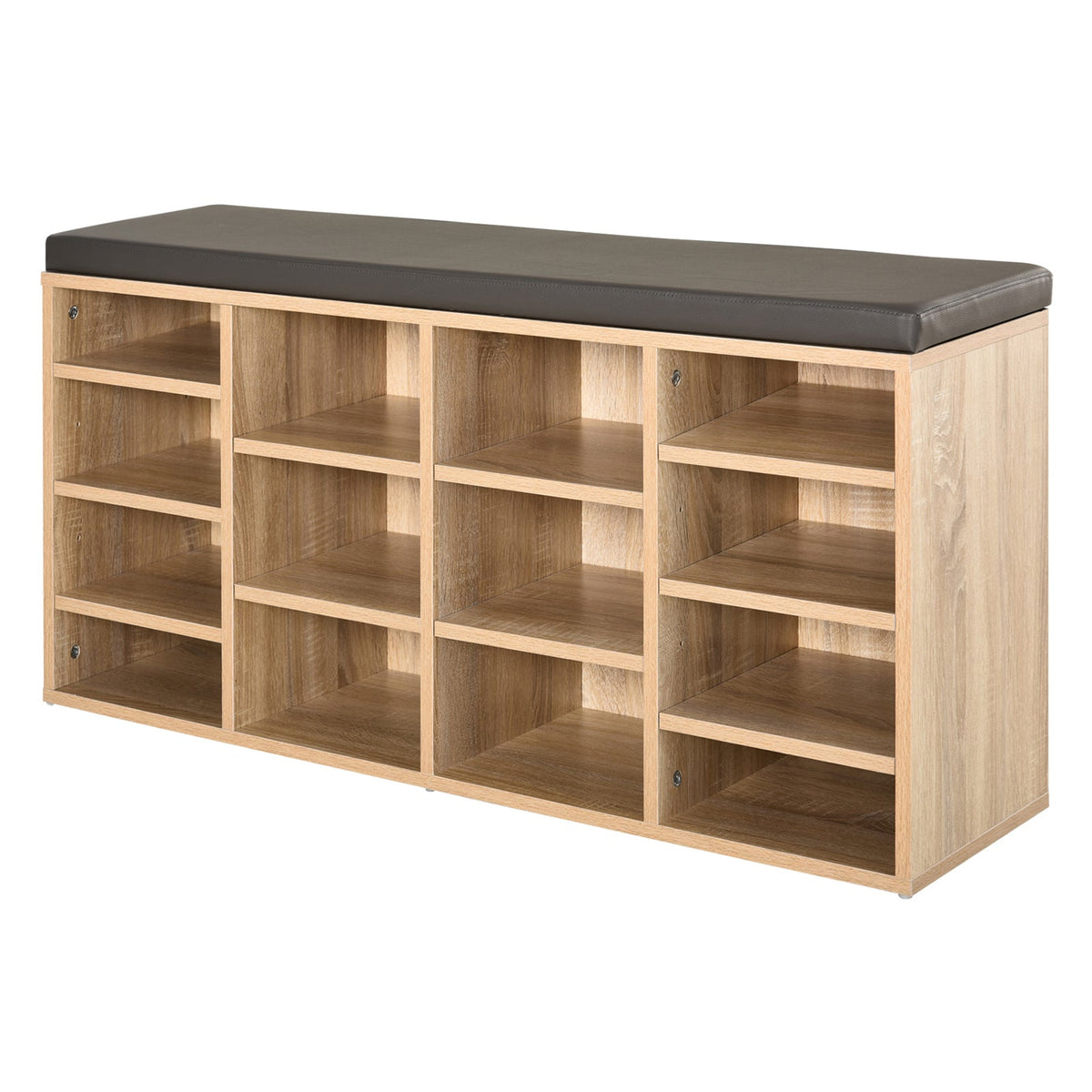 HOMCOM Multi-Storage Shoe Rack with a cushioned top and 14 open compartments for shoes