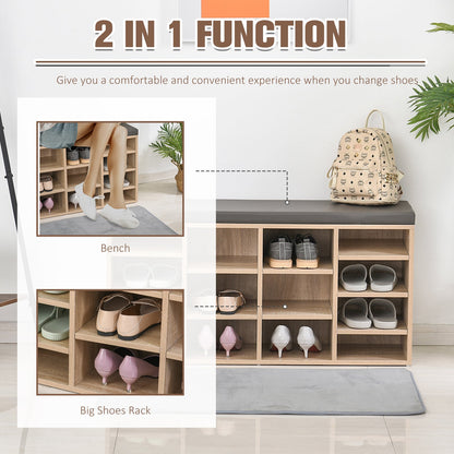 This shoe organiser bench has two functions: a place to sit and a shoe rack