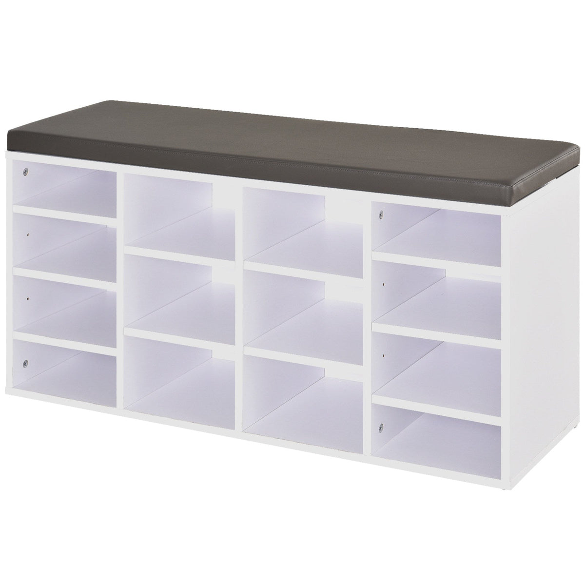 HOMCOM Multi-Storage Shoe Rack with 14 compartments and a dark cushioned top, shown from the front