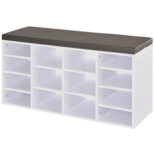 HOMCOM Multi-Storage Shoe Rack with 14 compartments and a dark cushioned top, shown from the front