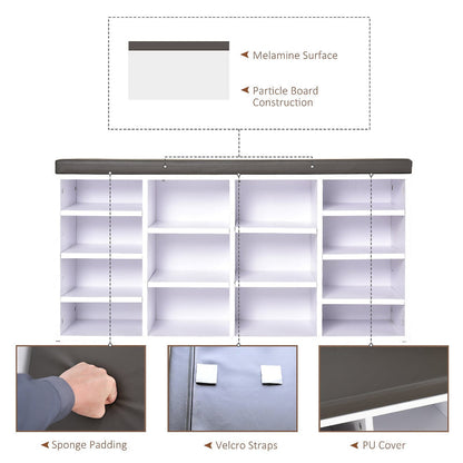 Close-ups of the shoe storage bench construction and materials