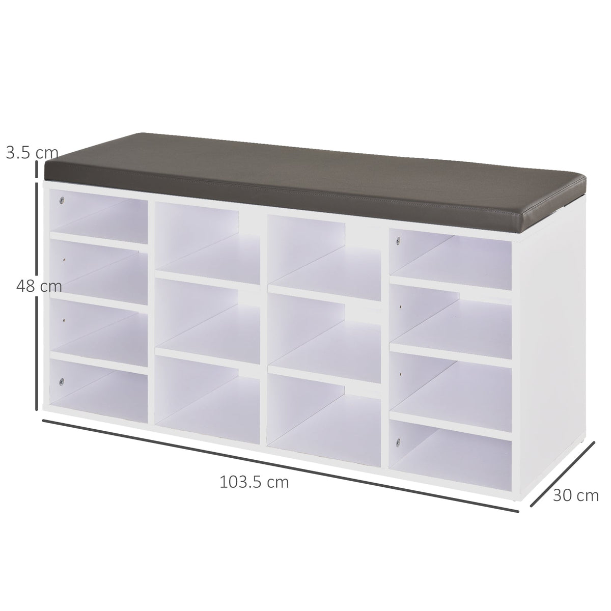 This white shoe storage bench with a dark cushion top has dimensions shown