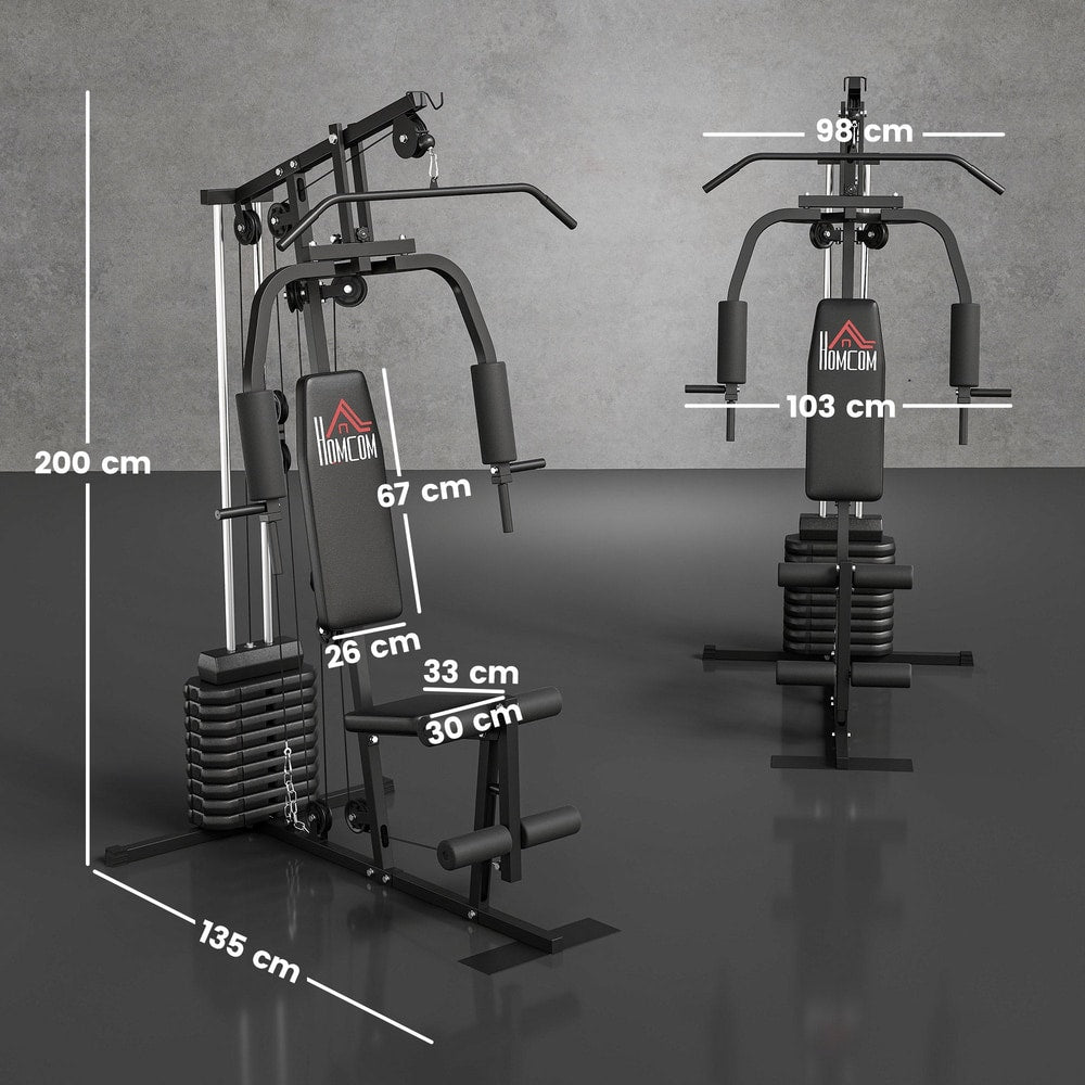 The home gym machine shown from two angles with white lines indicating overall dimensions