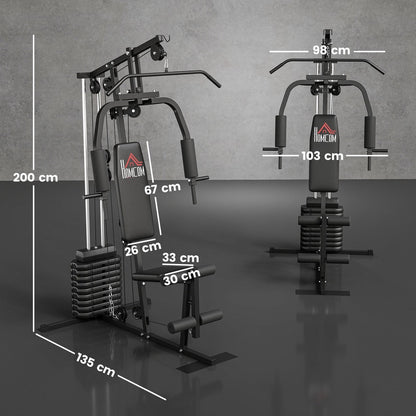 The home gym machine shown from two angles with white lines indicating overall dimensions