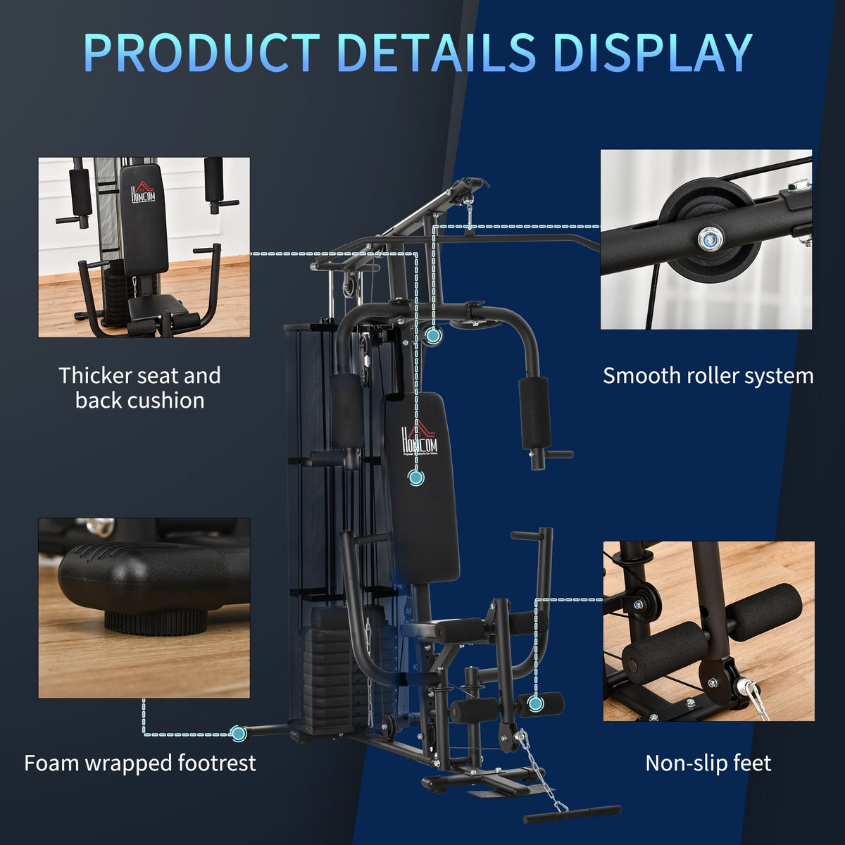 Close up of the home gym system showing the padded seat, footrest, and smooth roller system