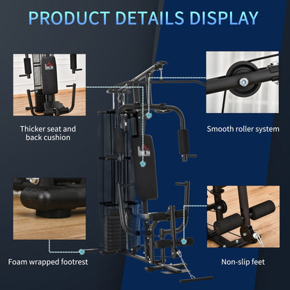 Close up of the home gym system showing the padded seat, footrest, and smooth roller system