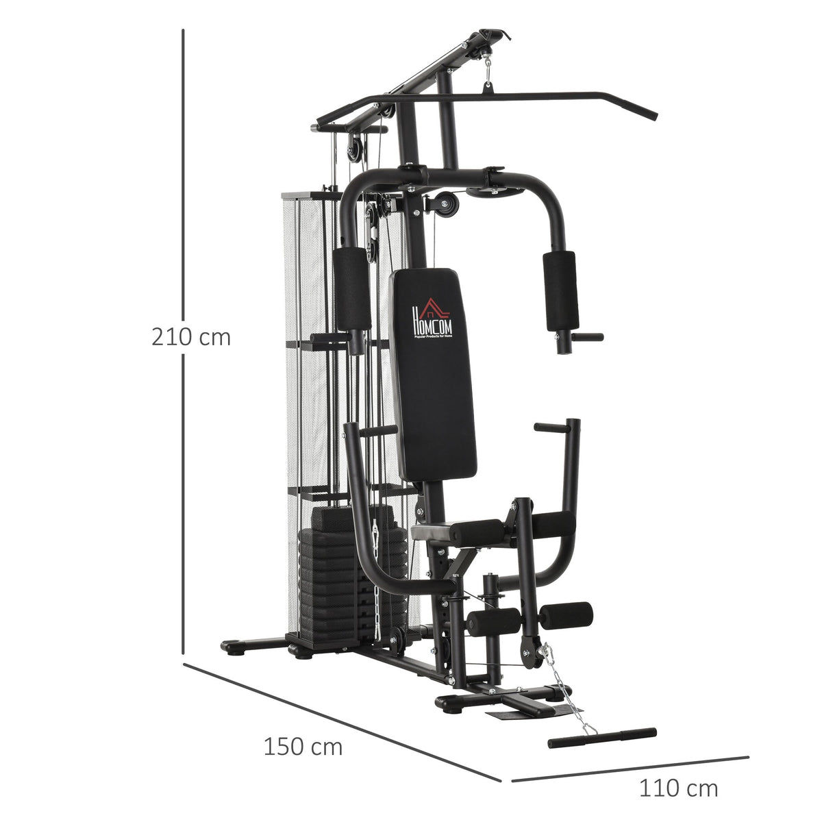 The home gym system with dimensions indicated for height, width, and depth