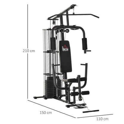 The home gym system with dimensions indicated for height, width, and depth