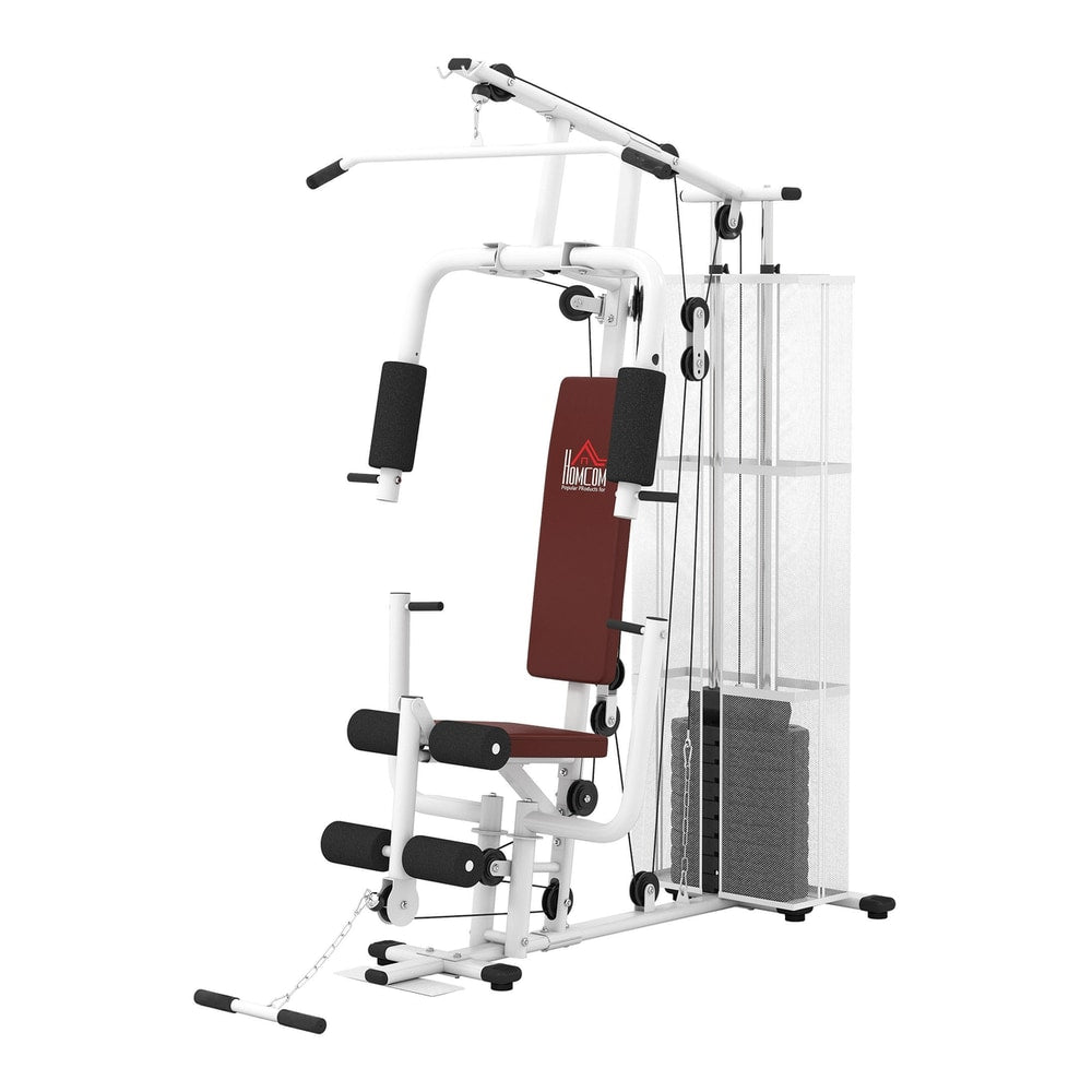 HOMCOM Multifunction Home Gym Weight Training Workout Station Fitness Strength Machine, white with brown padding