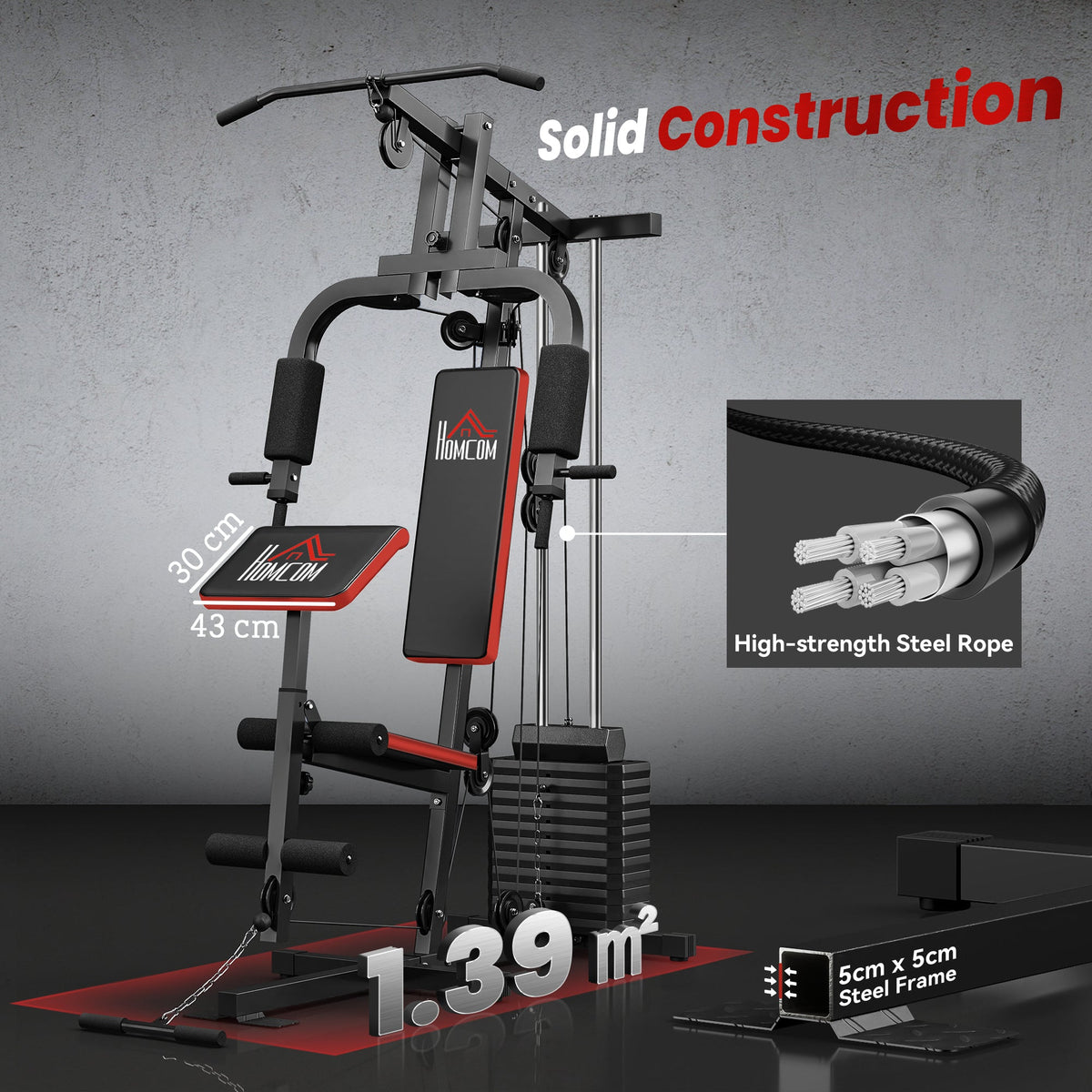 This home gym system features solid construction with a high-strength steel rope