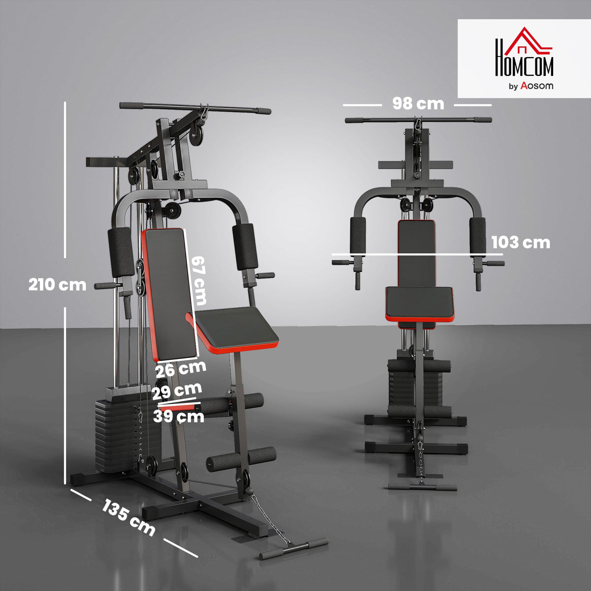 HOMCOM Multigym Station, size diagram of the home gym system with dimensions shown