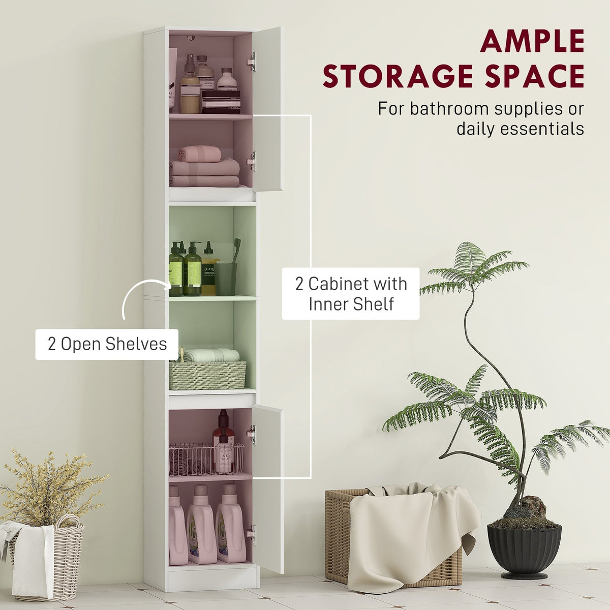The narrow bathroom cabinet showing two open shelves and two cabinets with internal shelves