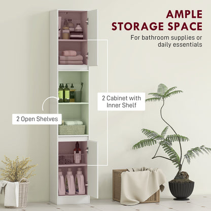 The narrow bathroom cabinet showing two open shelves and two cabinets with internal shelves