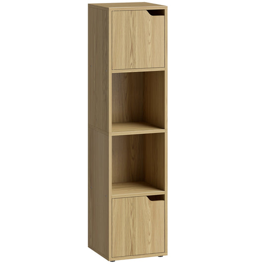 HOMCOM Narrow Bookcase in oak finish with two open shelves and two storage cabinets with doors