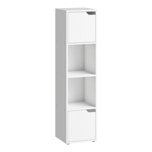 HOMCOM Narrow Bookcase, a white four-tier storage cabinet with two doors