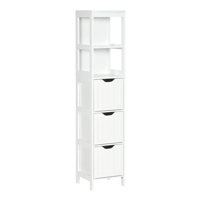 HOMCOM Narrow Floor Cabinet, a tall white storage unit with three drawers and two open shelves