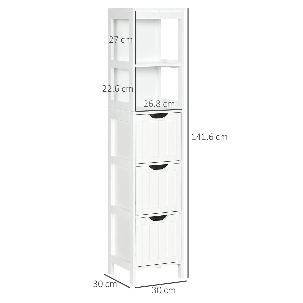 A white narrow floor cabinet with dimensions shown for height, width and depth