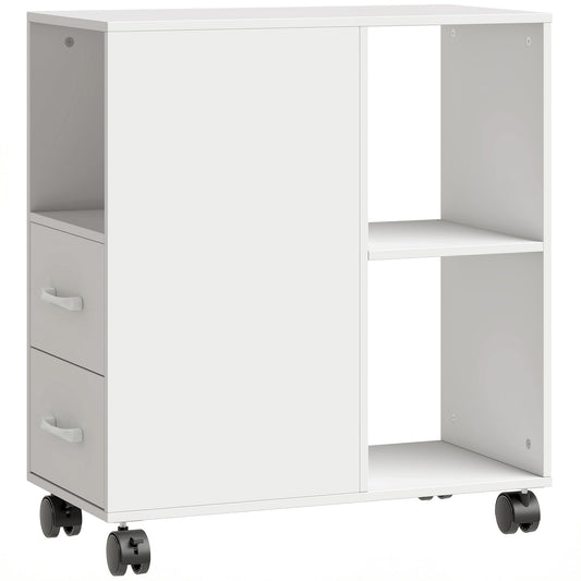 HOMCOM Narrow Mobile Printer Table with Wheels, a white office storage unit with two drawers and an open shelf