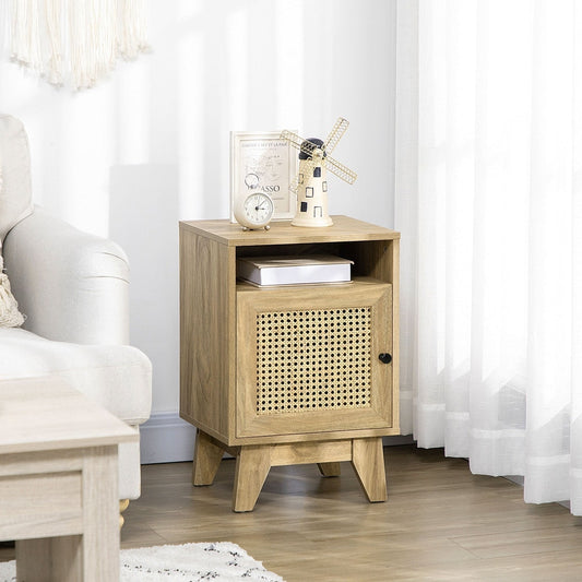 The narrow rattan nightstand placed next to a sofa in a living room setting