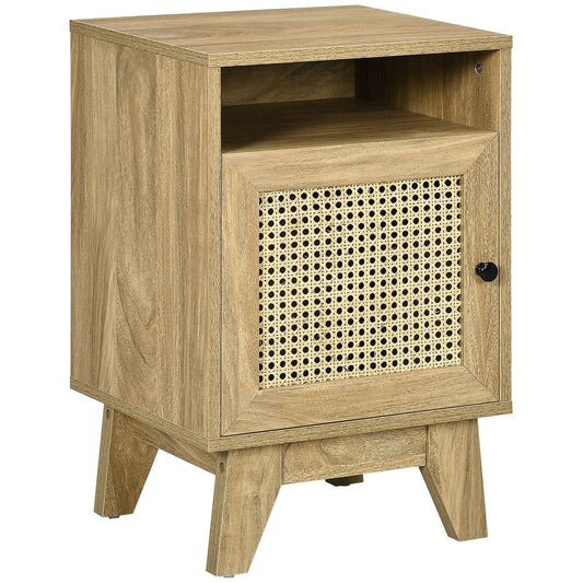 HOMCOM Narrow Rattan Nightstand a compact wooden side table with a cane door and shelf