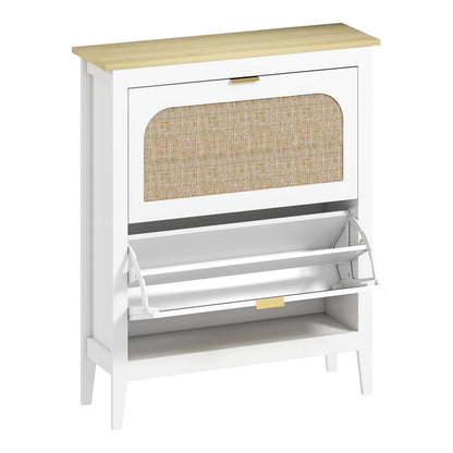 HOMCOM Narrow Shoe Cabinet with two flip drawers and a rattan front design in white