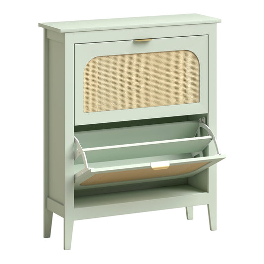 HOMCOM Narrow Shoe Cabinet with two flip drawers and a cane door detail